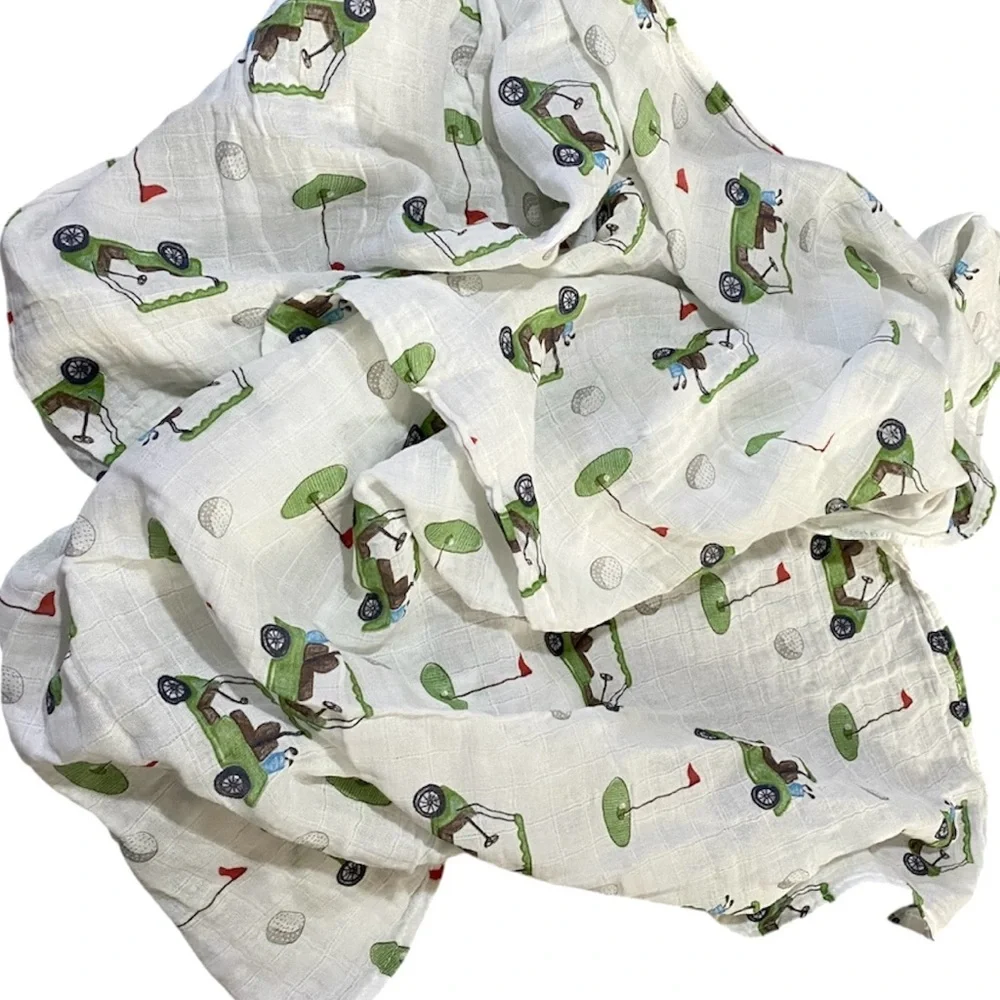 Lolly Banks Muslin Swaddle Blanket Cotton Gauze Green White Golf Theme
